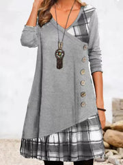 Asymmetrical Plaid Patchwork Long Sleeve Dress in Black, back view