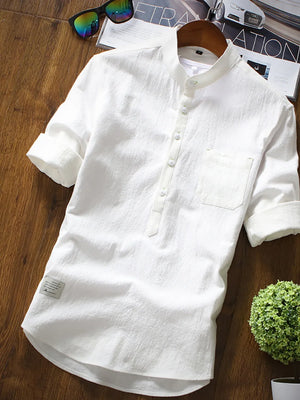 White casual cotton shirt with Mandarin collar and 3/4 sleeves, featuring a chest pocket.