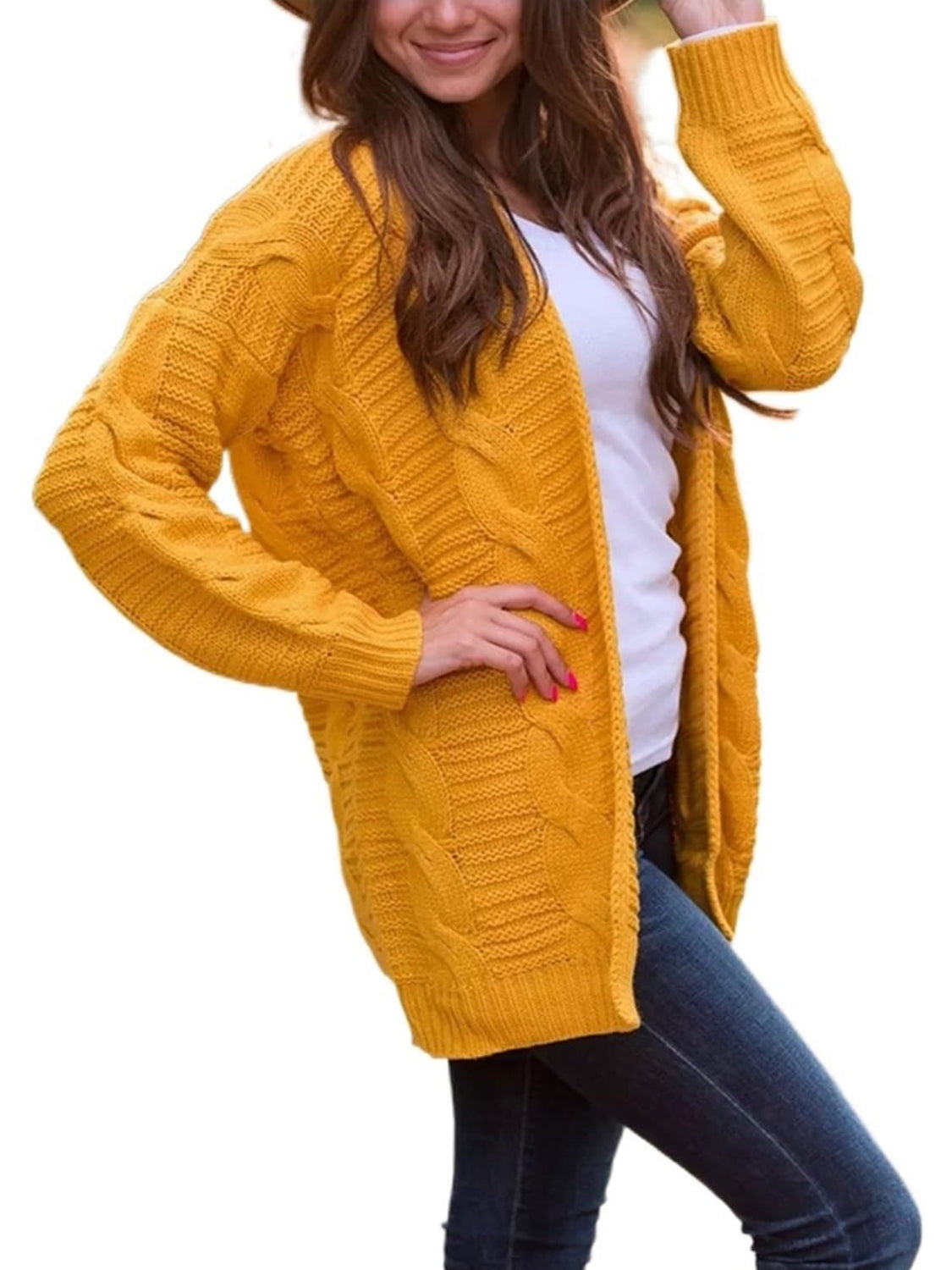 Textured cable knit duster cardigan in gold with long sleeves and open front.