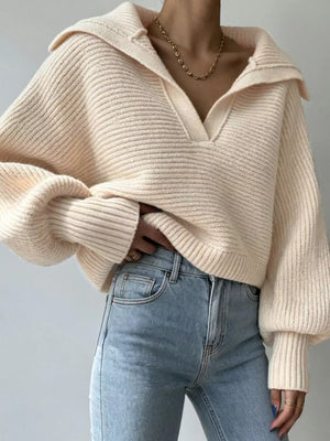 Oversized Collar Ribbed Cropped Sweater in Gray, side view