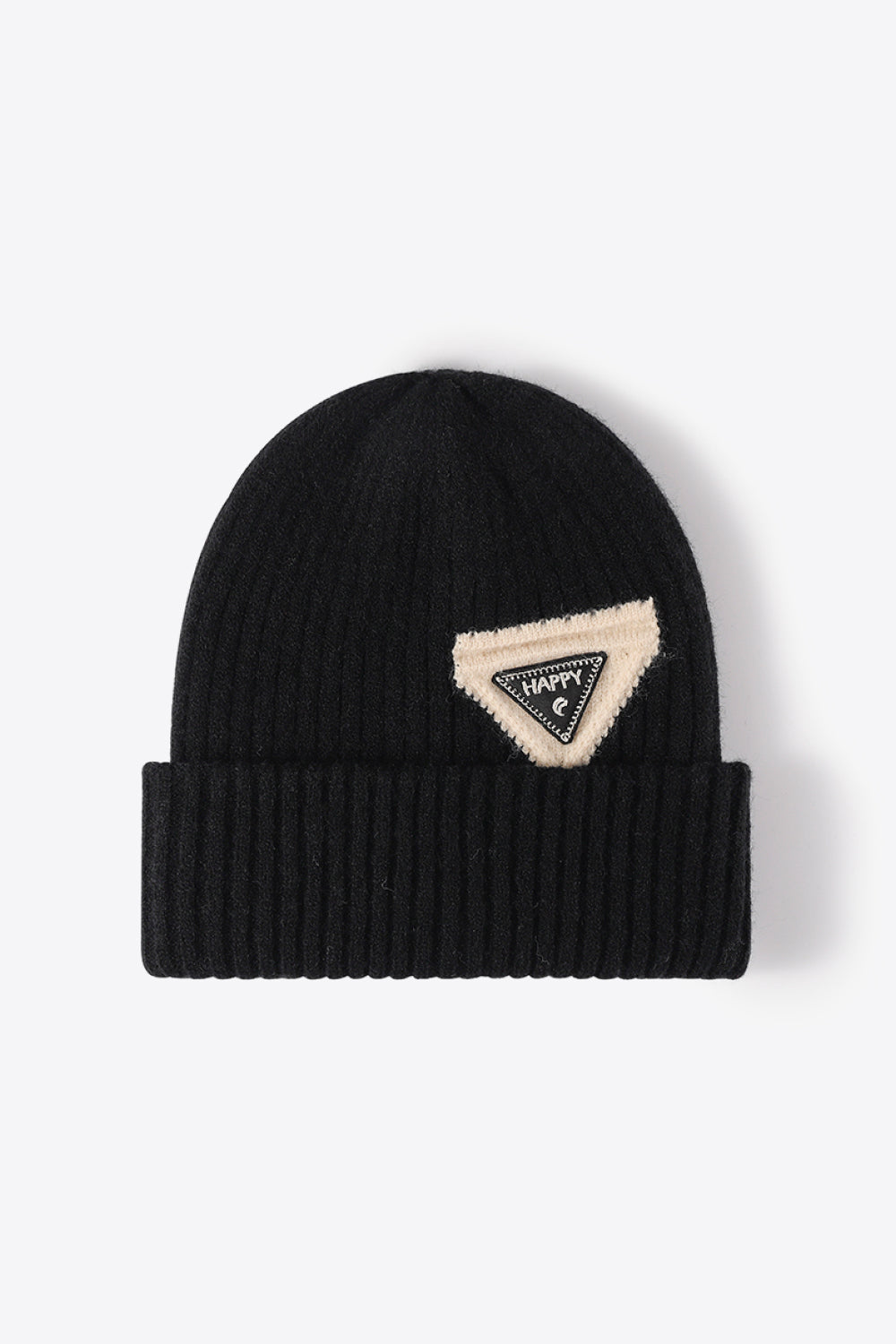 Black ribbed acrylic beanie with a triangular beige patch and "HAPPY" text detail.