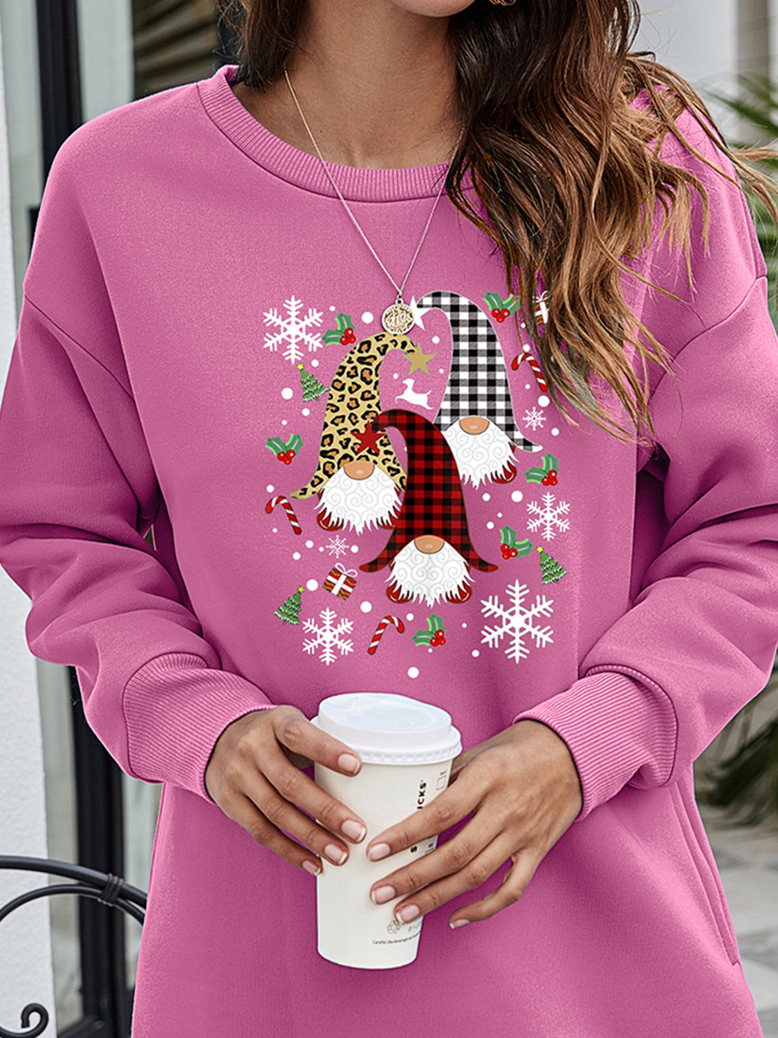 Dusty Pink sweatshirt tunic with festive gnome graphic, snowflakes, and candy canes.