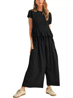 Smocked Peplum Top And Wide-leg Pants Set in Terracotta, view 11