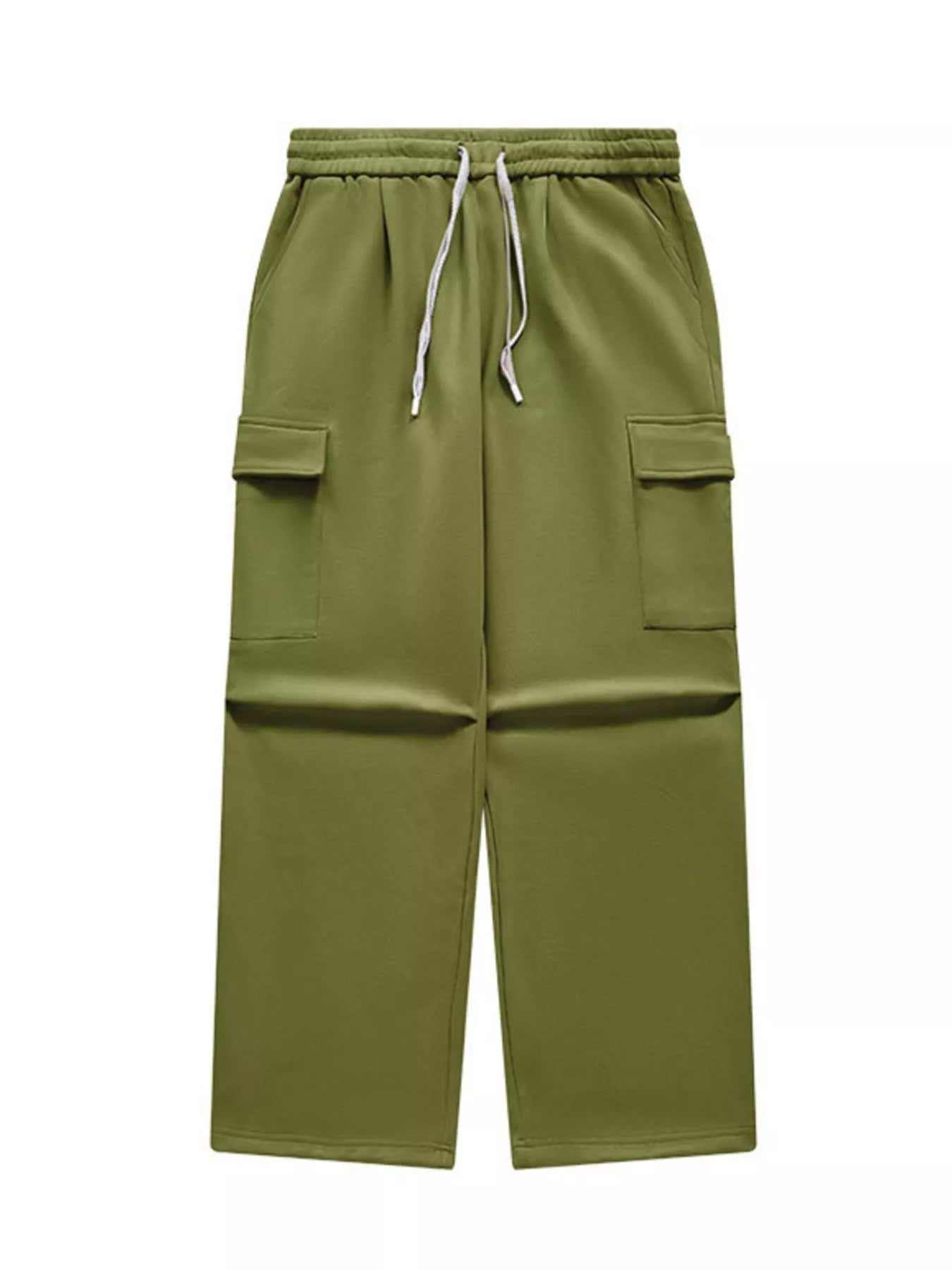 Men's relaxed fit moss cargo pants with drawstring waist and flap pockets
