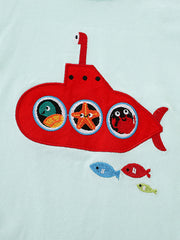 Light blue cotton crew neck t-shirt with embroidered red submarine, duck, starfish, crab, and fish.
