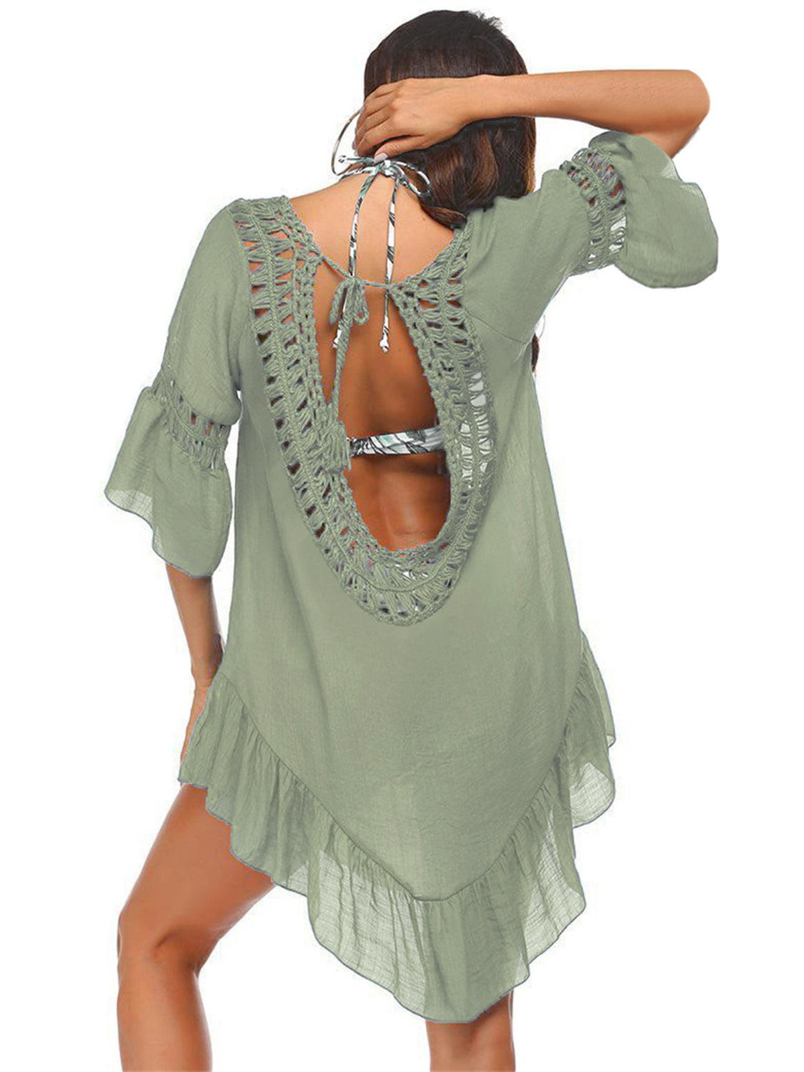 Sage cover-up with lace trim, keyhole back, and ruffled hem.