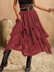 Burgundy tiered midi skirt with white polka dots and lace trim.