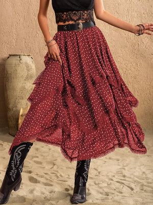 Burgundy tiered midi skirt with white polka dots and lace trim.
