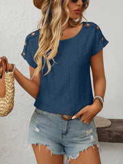 French blue eyelet knit tee with shoulder buttons and short sleeves