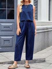Royal blue gingham cropped tank and tapered trouser set with elastic waist