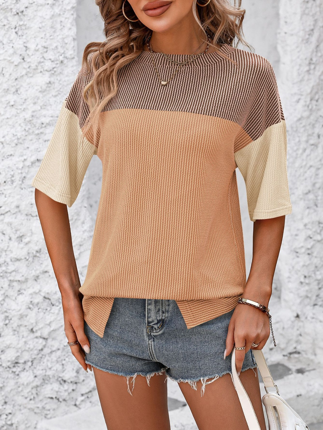 Mandy Color Pop T-Shirt in Camel/Orange, White/Blue, Green/Blue, Green/Orange, Black/Camel with color block design.