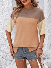 Mandy Color Pop T-Shirt in Camel/Orange, White/Blue, Green/Blue, Green/Orange, Black/Camel with color block design.