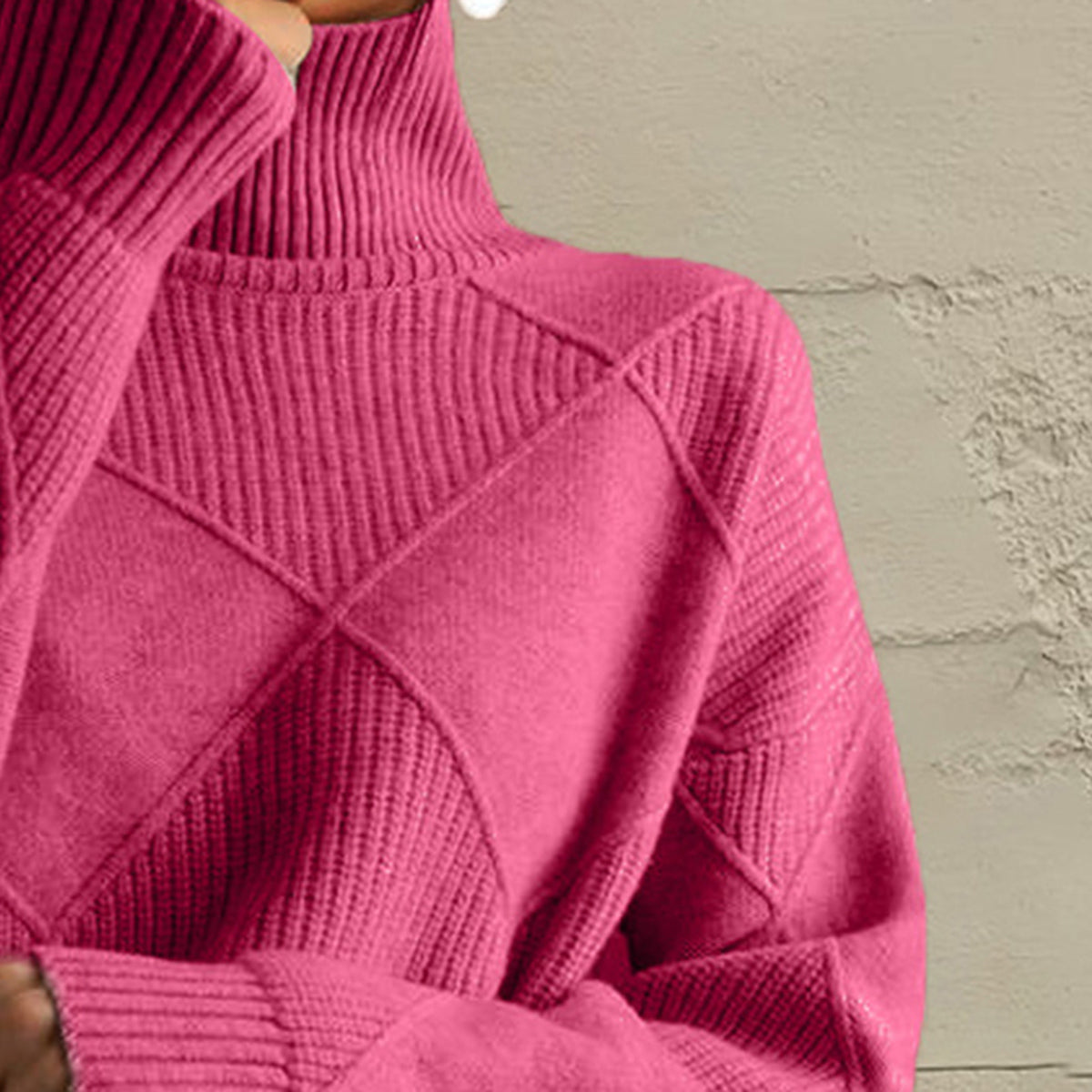 Hot Pink diamond knit turtleneck sweater with ribbed details.