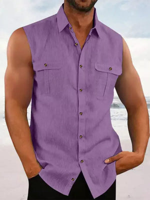 Men's Sleeveless Button-up Shirt With Chest Pockets in Blue, front view
