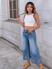 Embroidered Wide-leg Cropped Jeans With Scalloped Hem