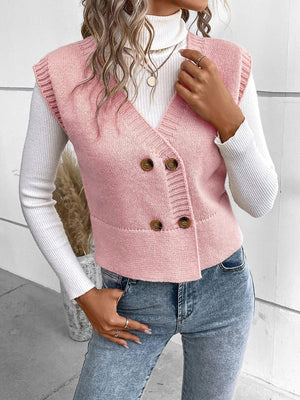Dusty pink double-breasted knit vest with ribbed trim and buttons, V-neck, acrylic.