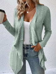 Sage ribbed waterfall cardigan jacket with open front and long sleeves, styled with jeans.