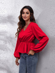 Deep Red blouse with gathered waist peplum and balloon sleeves