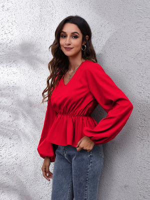 Deep Red blouse with gathered waist peplum and balloon sleeves