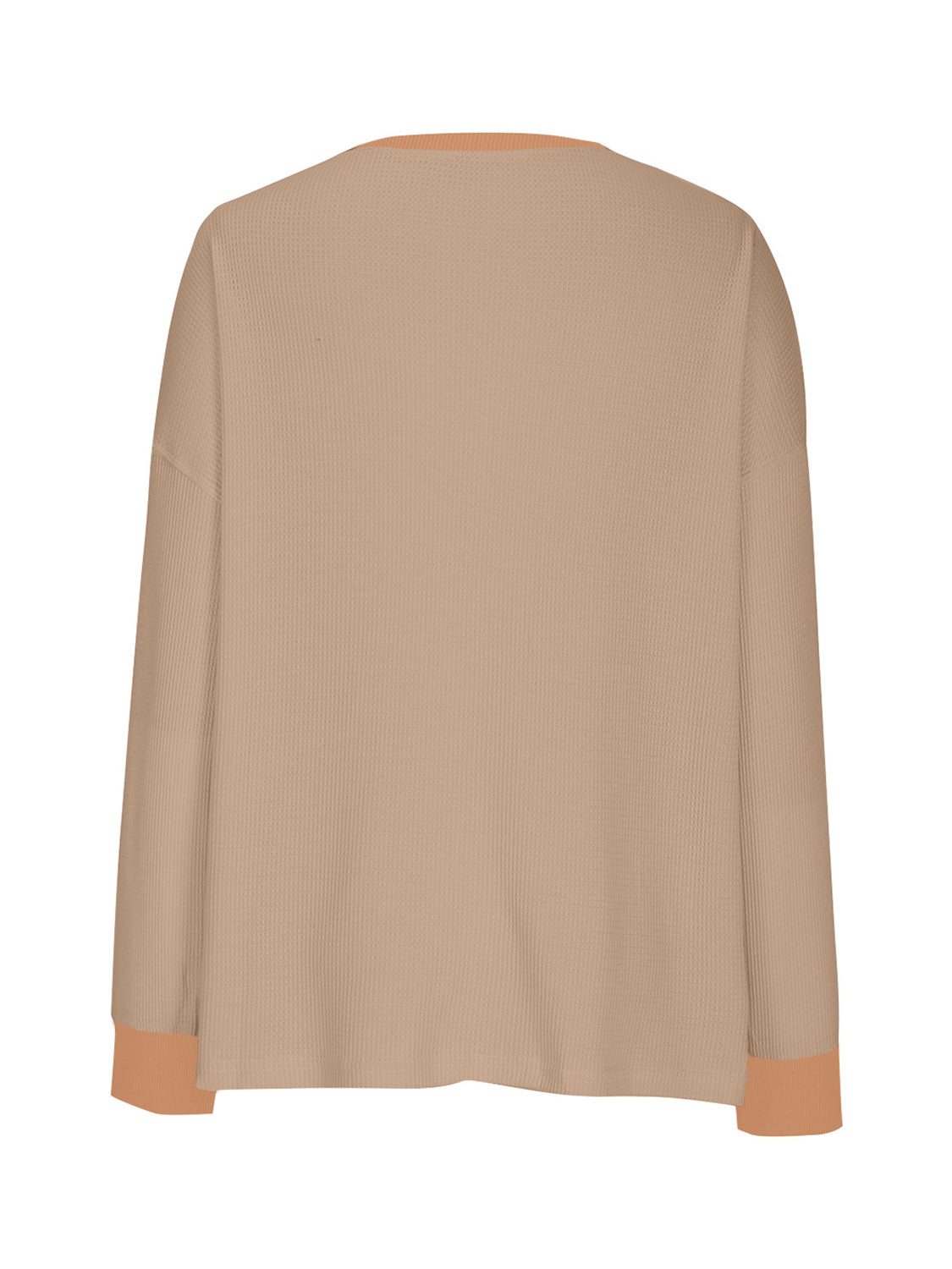 Tan waffle knit raglan sleeve sweatshirt with contrasting cuffs and neckline
