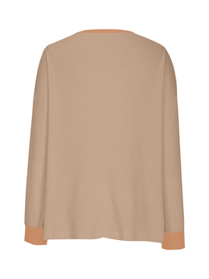 Tan waffle knit raglan sleeve sweatshirt with contrasting cuffs and neckline