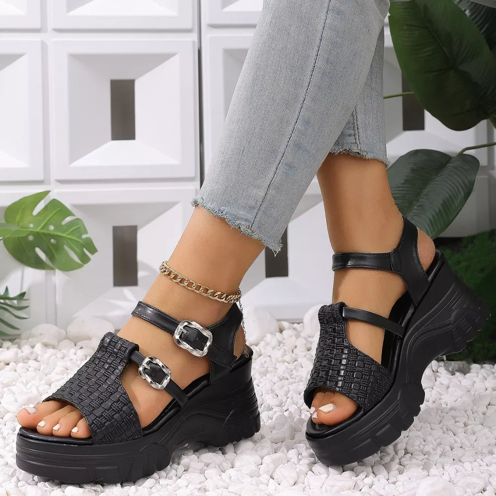 Black woven texture high wedge sandals with adjustable buckles and chunky platform heel.