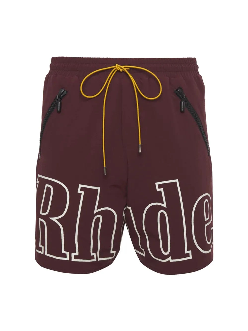 Burgundy cargo shorts with white "Rhude" logo and yellow drawstring.