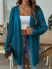 Peacock blue openwork diamond knit duster cardigan with long sleeves and open front.