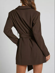 Chic tie-waist lined blazer dress in coffee with buttoned front and lapel collar.
