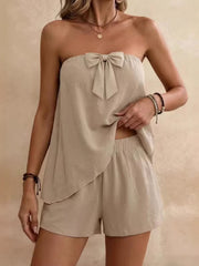 Khaki bowknot tube top and shorts set with elastic waist shorts
