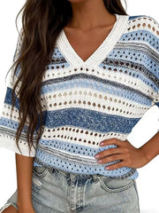 V-neck Ribbed Sweater in Green Stripes, model styling view