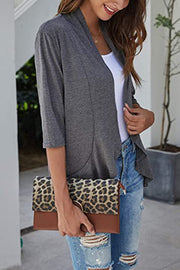 Dark Gray asymmetrical ruffle hem cardigan with 3/4 sleeves