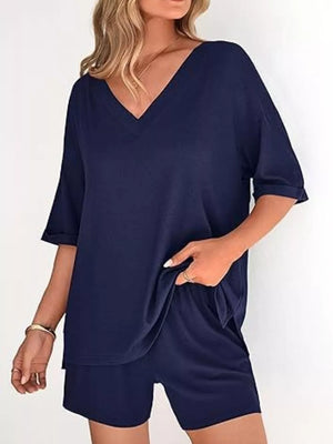 Solid Color V-neck And Shorts Set in Army Green, editorial view