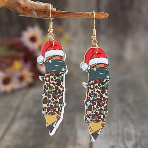 Festive pencil drop earrings with Santa hats, leopard print, and Christmas lights.