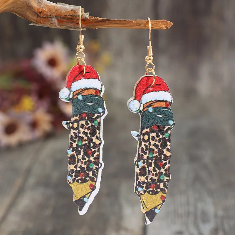 Festive pencil drop earrings with Santa hats, leopard print, and Christmas lights.