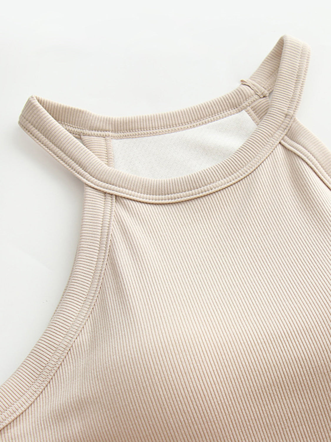 Camel ribbed halter tank top with built-in bra detail