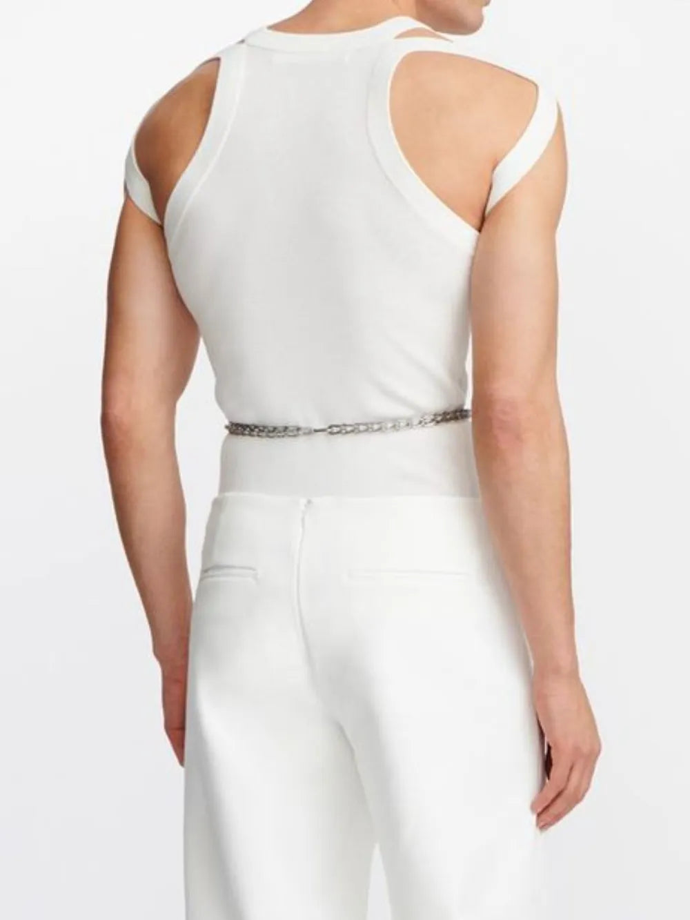 White tank top with sculpted shoulder straps and a cutout detail.