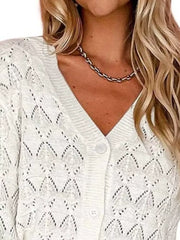 V-neck Openwork Button-down Knit Cardigan in White, view 11