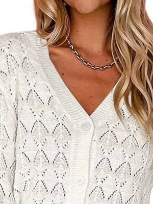 V-neck Openwork Button-down Knit Cardigan in White, view 11