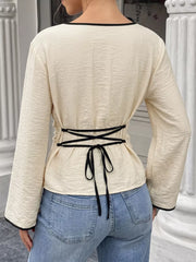 Contrast Trim Flare Sleeve Blouse in Beige, fabric detail