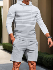 Light gray textured stripe hoodie and shorts set with drawstring waist and pockets.