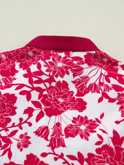 Floral print polyester blouse with lace detail and a contrasting collar.
