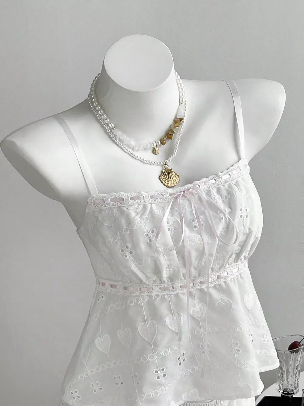 Lace Detail Eyelet Cami And Shorts Set, front view