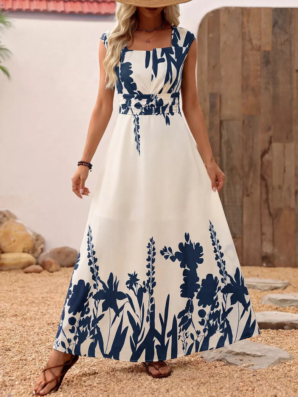 Botanical print maxi dress with square neck and cap sleeves