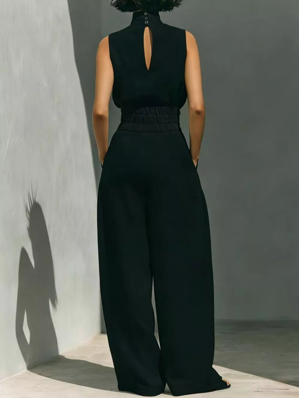 Sleeveless Wide-leg Jumpsuit With Smocked Waist in Apricot, fit detail