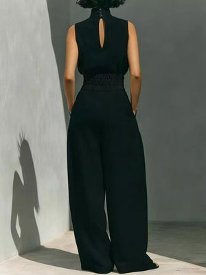 Sleeveless Wide-leg Jumpsuit With Smocked Waist in Apricot, fit detail