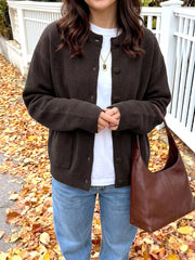 Crew Neck Button-up Cardigan in Brown, front view