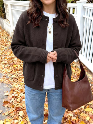 Crew Neck Button-up Cardigan in Brown, front view