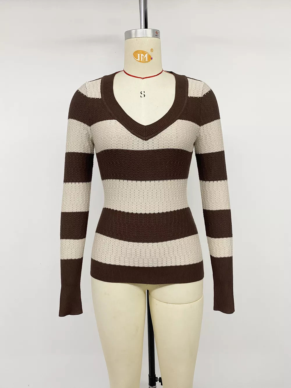 Striped V-neck Knit Top in Coffee Brown, fabric detail