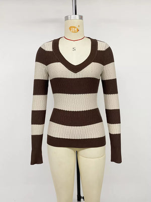 Striped V-neck Knit Top in Coffee Brown, fabric detail